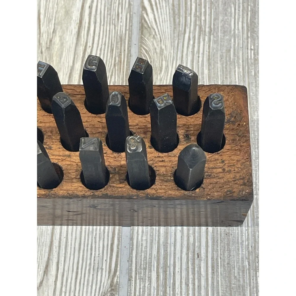 Vintage Industrial Metal Letter Stamp Set Alphabet A-Z with Wooden Storage Box